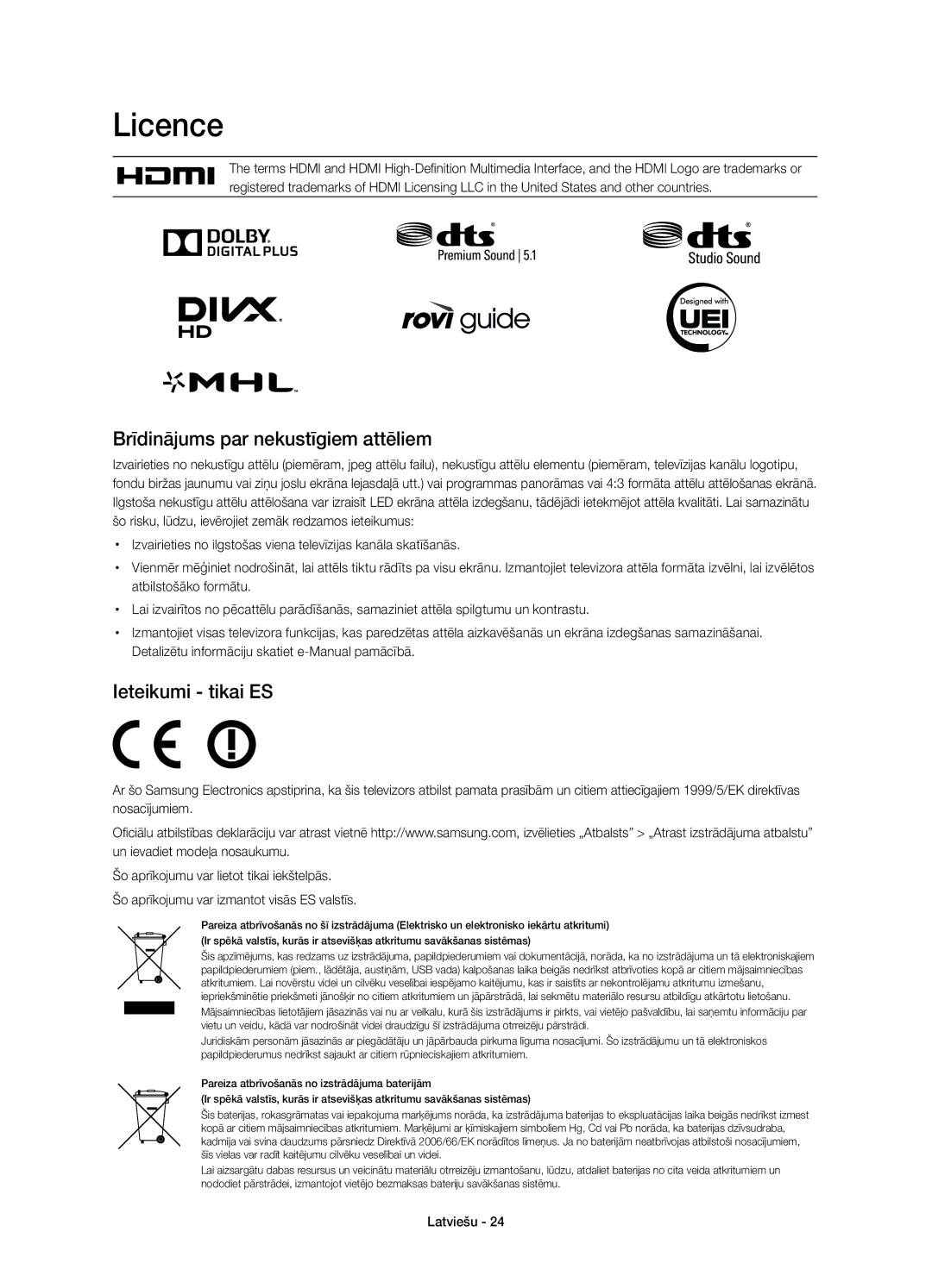 Samsung UE55HU7200SXZG, UE55HU7200SXXH, UE55HU7200SXXC manual Brīdinājums par nekustīgiem attēliem, Ieteikumi tikai ES 