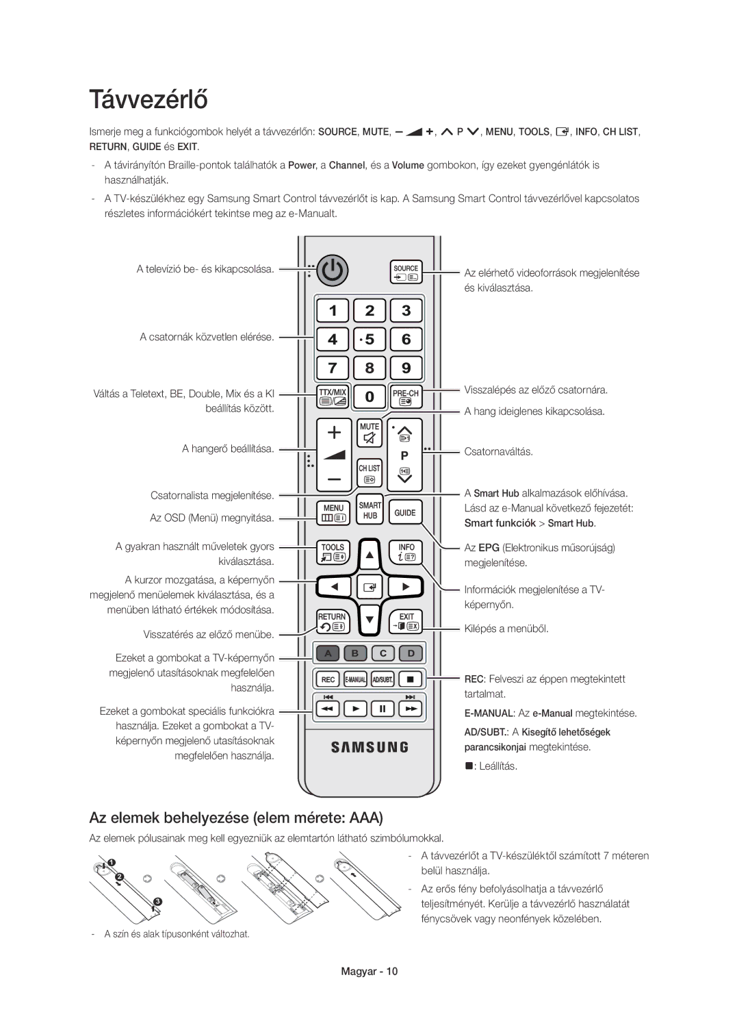 Samsung UE55HU7200SXZF, UE55HU7200SXZG, UE55HU7200SXXH, UE55HU7200SXXC Távvezérlő, Az elemek behelyezése elem mérete AAA 