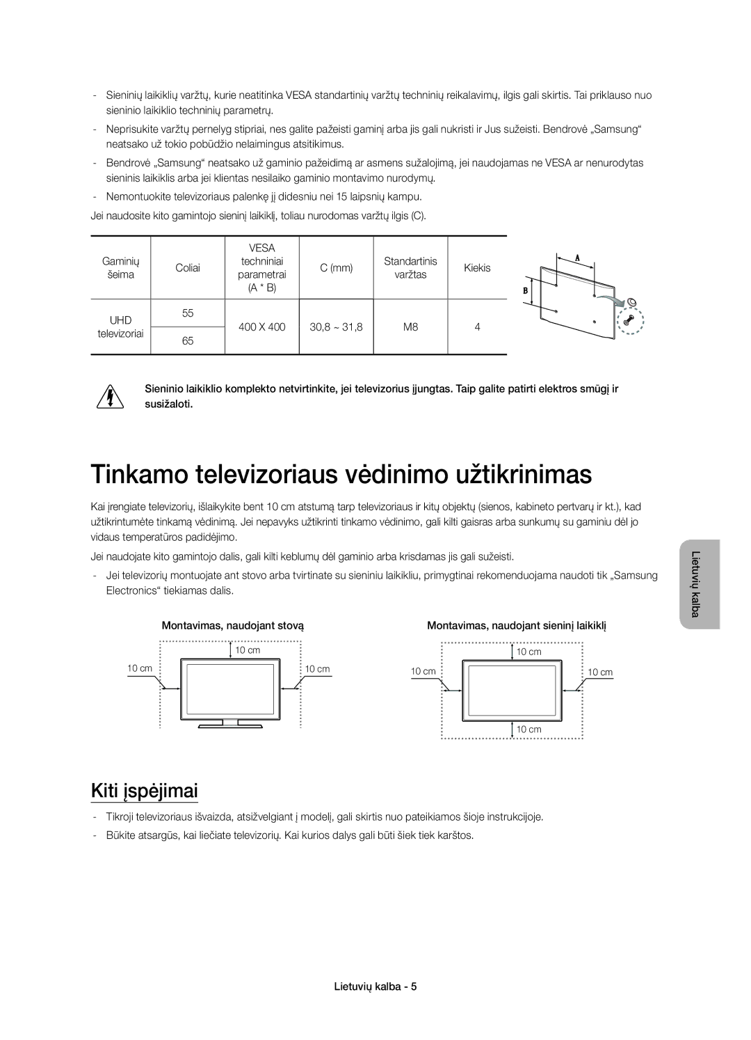 Samsung UE65HU7200SXZF Tinkamo televizoriaus vėdinimo užtikrinimas, Kiti įspėjimai, Montavimas, naudojant sieninį laikiklį 