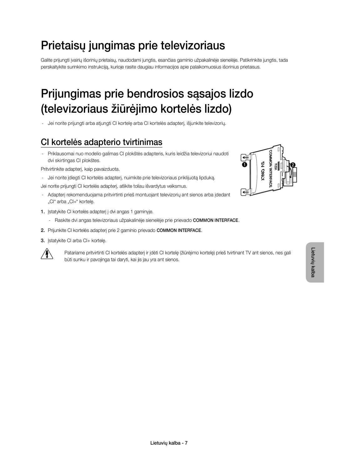 Samsung UE55HU7200SXXN, UE55HU7200SXZG manual Prietaisų jungimas prie televizoriaus, CI kortelės adapterio tvirtinimas 