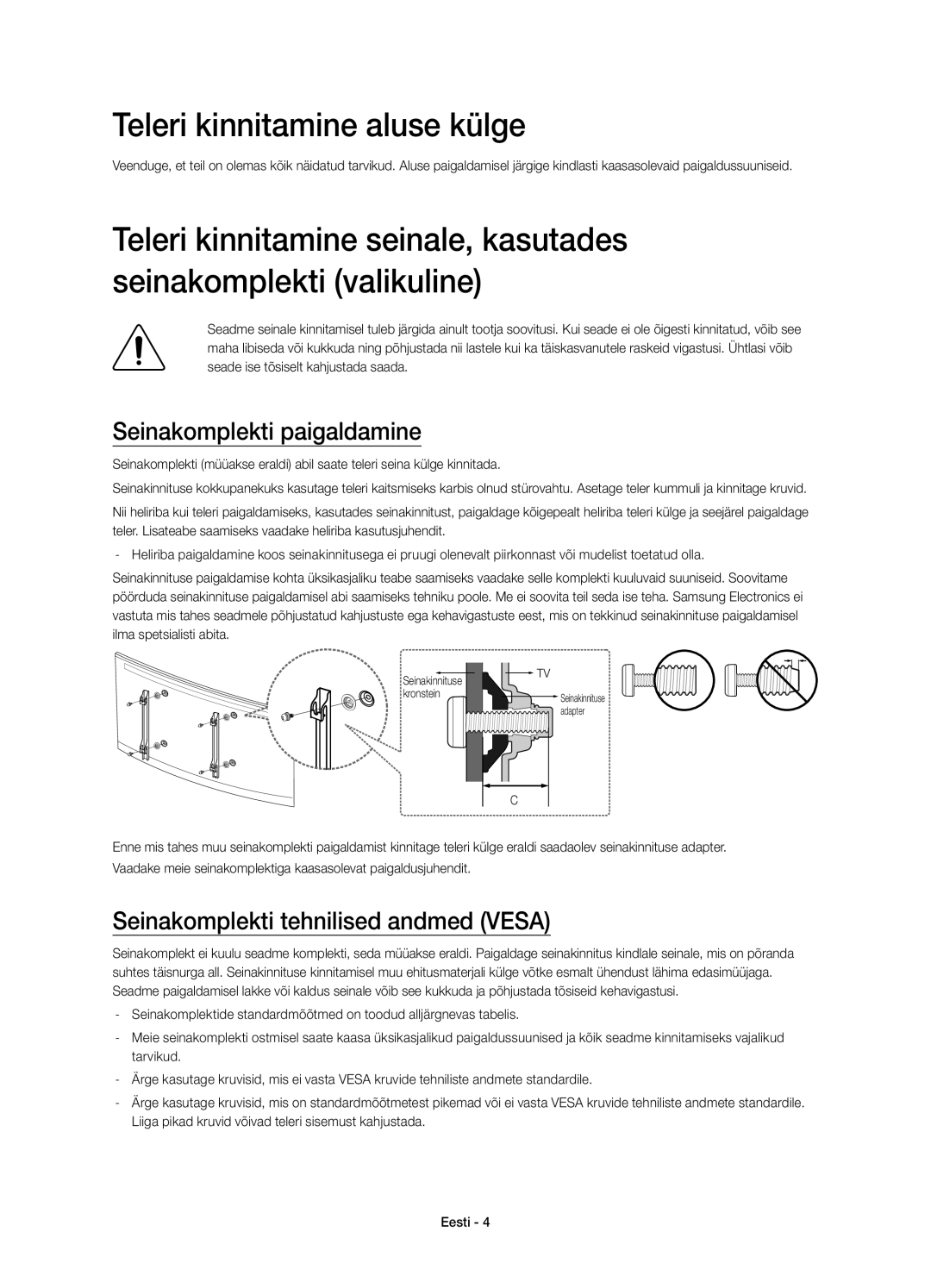 Samsung UE55HU7200SXZG Teleri kinnitamine aluse külge, Seinakomplekti paigaldamine, Seinakomplekti tehnilised andmed Vesa 