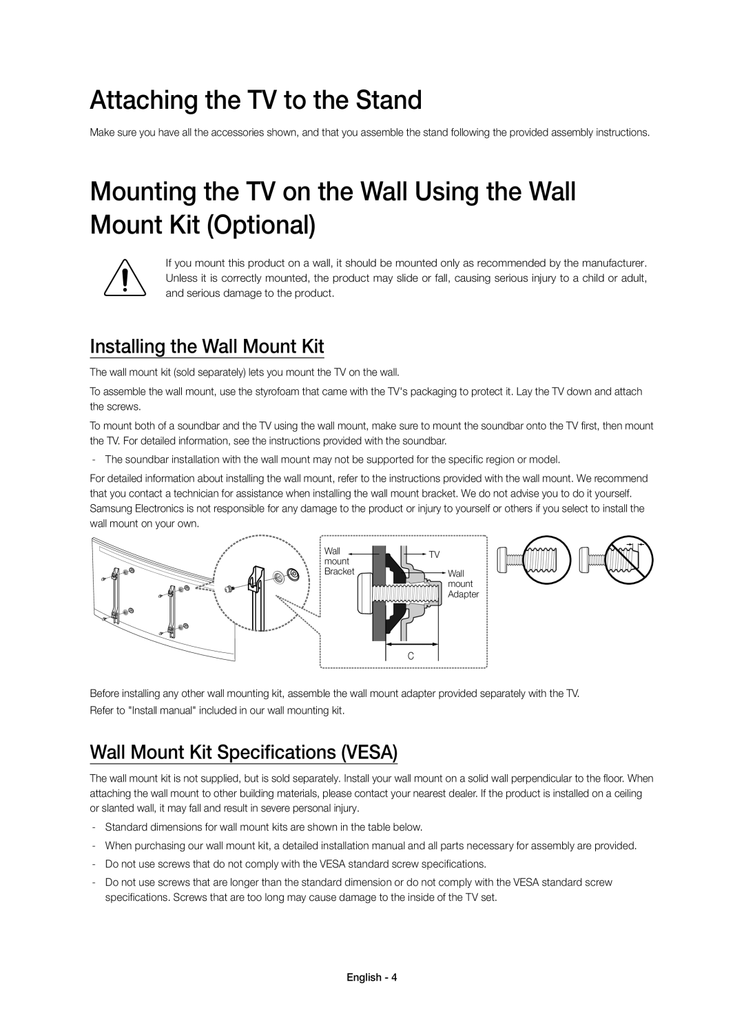 Samsung UE65HU7200SXXH Attaching the TV to the Stand, Installing the Wall Mount Kit, Wall Mount Kit Specifications Vesa 