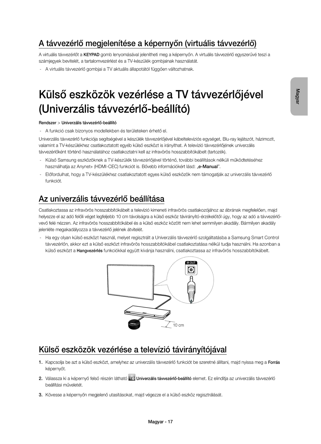 Samsung UE65HU7200UXXU Távvezérlő megjelenítése a képernyőn virtuális távvezérlő, Az univerzális távvezérlő beállítása 