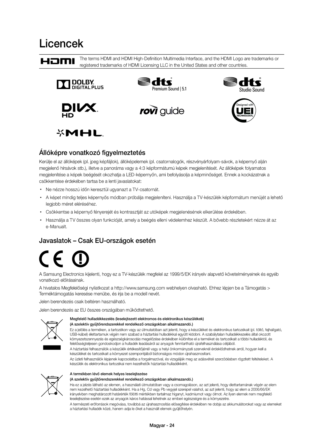 Samsung UE55HU7200SXZF, UE55HU7200SXZG Licencek, Állóképre vonatkozó figyelmeztetés, Javaslatok Csak EU-országok esetén 