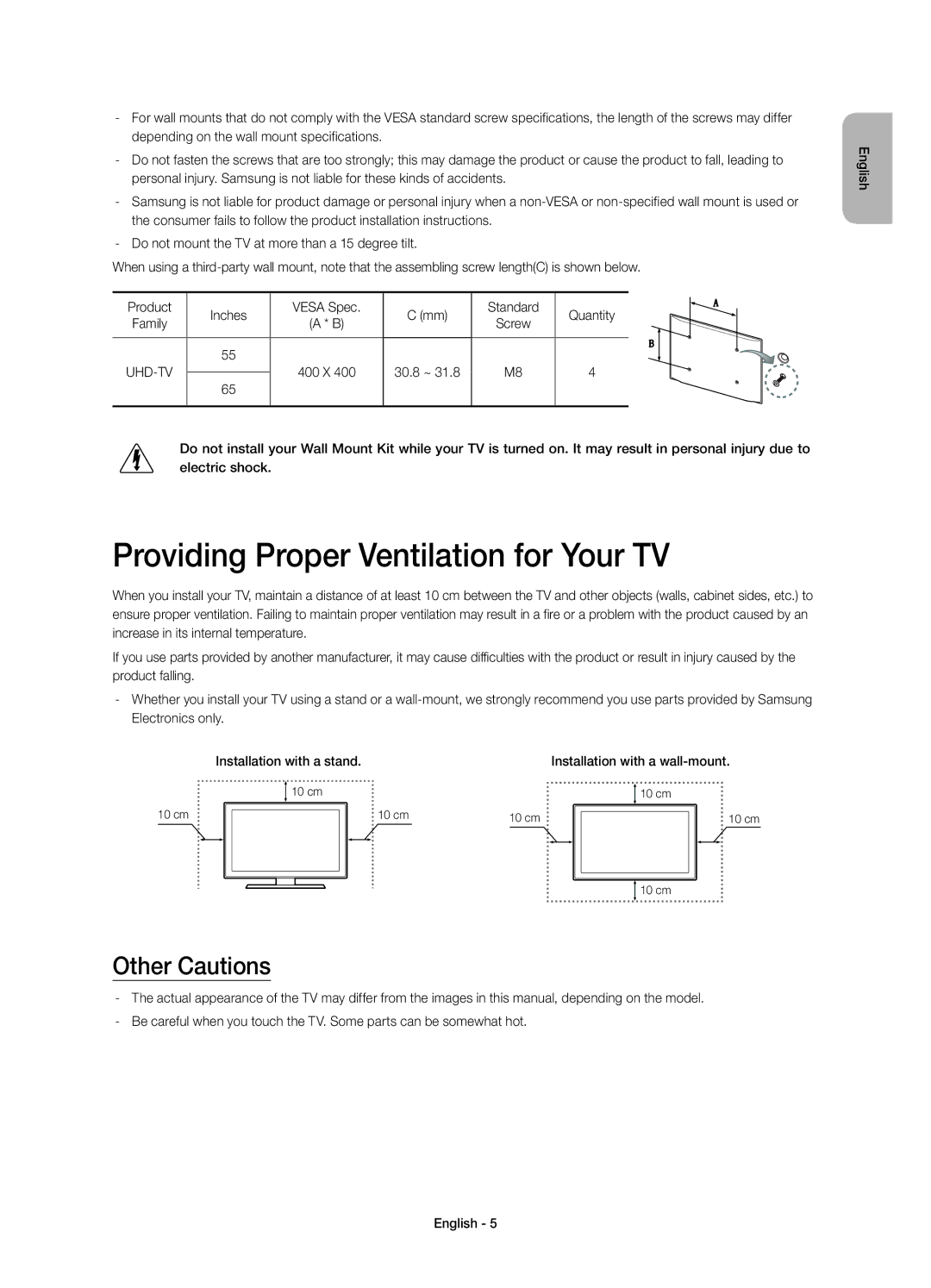Samsung UE65HU7200SXZF, UE55HU7200SXZG, UE55HU7200SXXH manual Providing Proper Ventilation for Your TV, Other Cautions 
