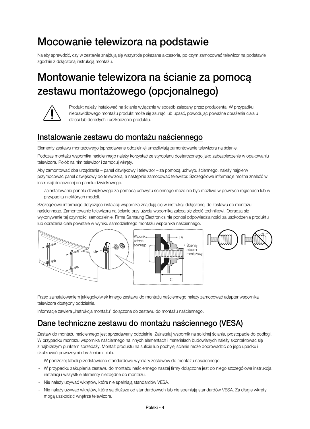 Samsung UE65HU7200UXXH, UE55HU7200SXZG manual Mocowanie telewizora na podstawie, Instalowanie zestawu do montażu naściennego 