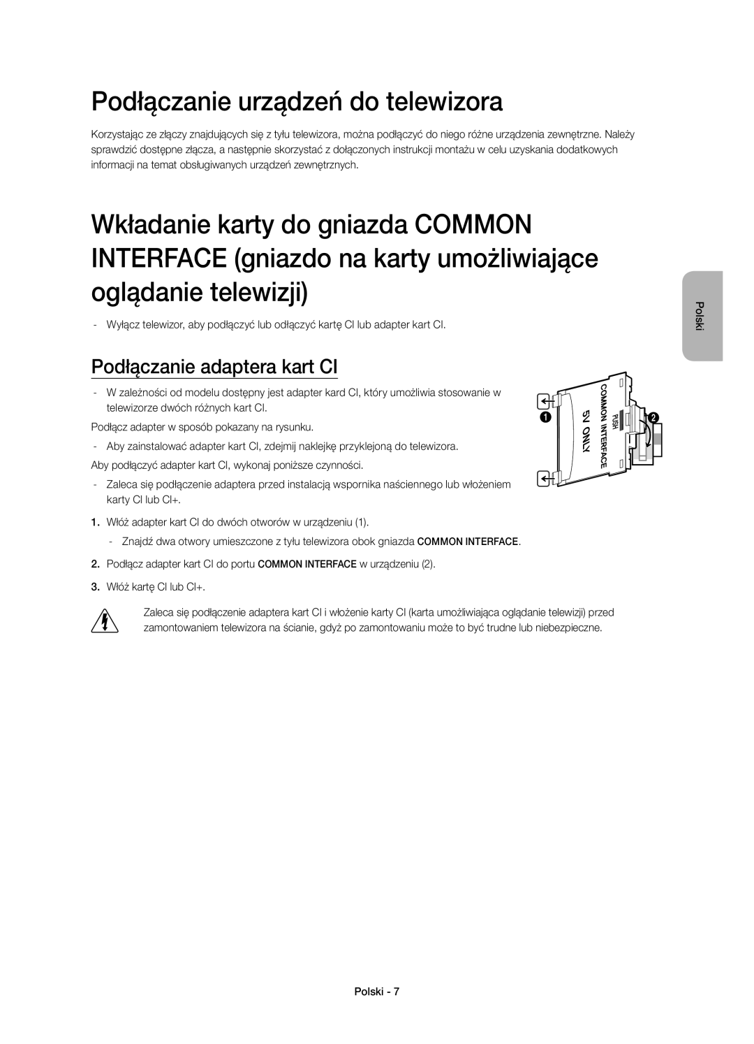 Samsung UE65HU7200UXXU, UE55HU7200SXZG, UE55HU7200SXXH Podłączanie urządzeń do telewizora, Podłączanie adaptera kart CI 