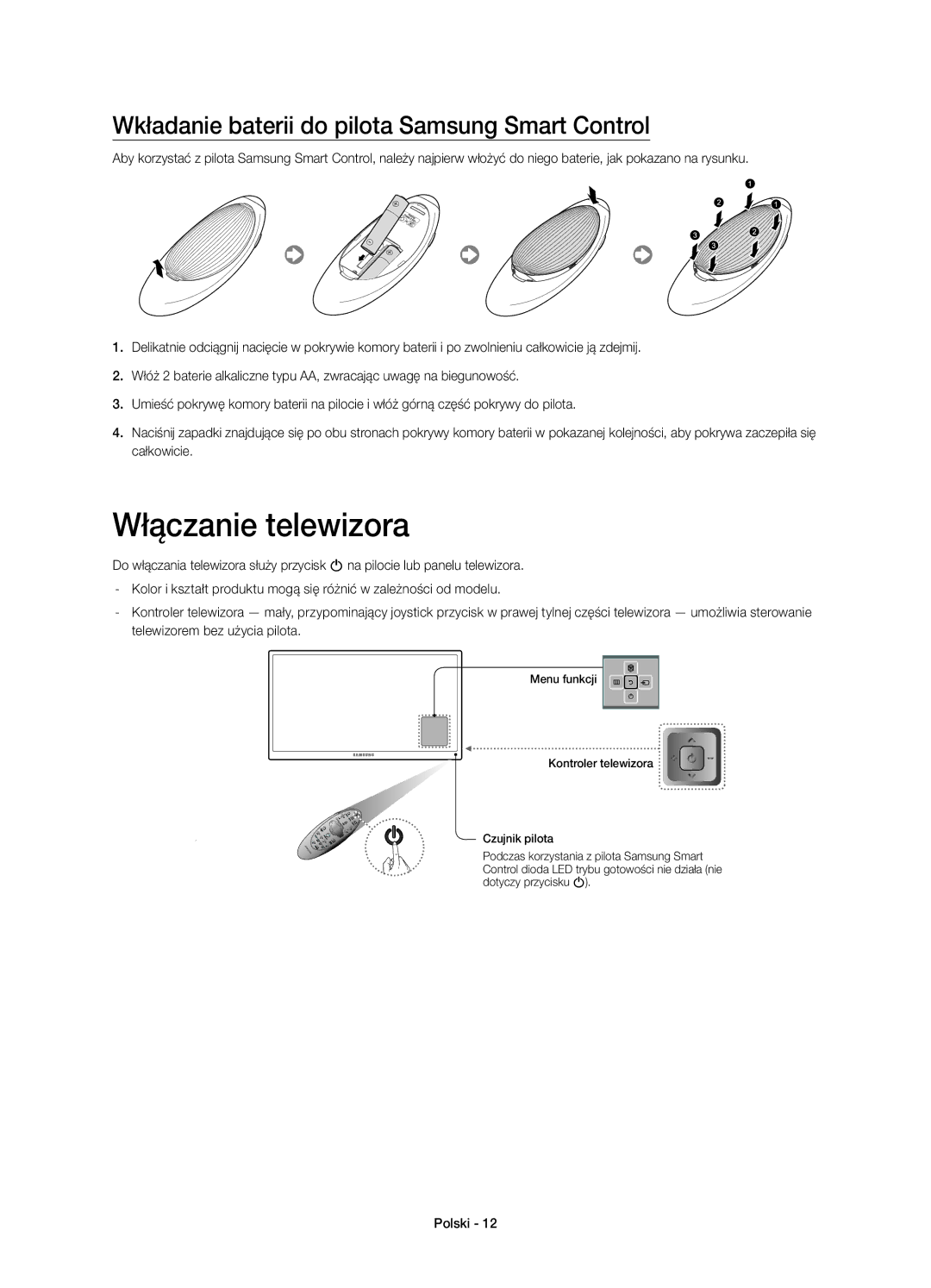 Samsung UE65HU7200SXXH, UE55HU7200SXZG manual Włączanie telewizora, Wkładanie baterii do pilota Samsung Smart Control 