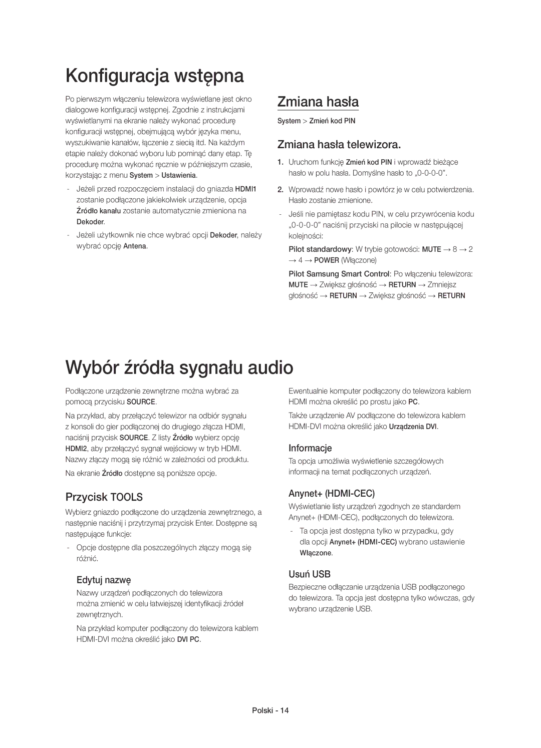 Samsung UE55HU7200SXZF manual Konfiguracja wstępna, Wybór źródła sygnału audio, Zmiana hasła telewizora, Przycisk Tools 