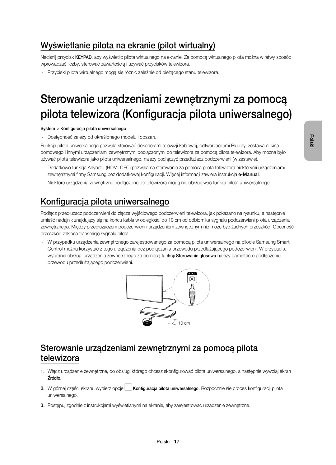 Samsung UE55HU7200UXXH, UE55HU7200SXZG Wyświetlanie pilota na ekranie pilot wirtualny, Konfiguracja pilota uniwersalnego 