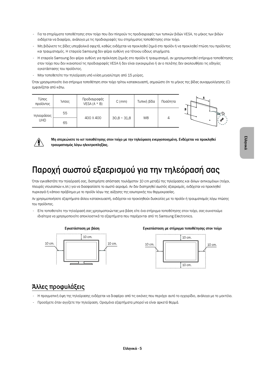 Samsung UE55HU7200SXXN, UE55HU7200SXZG, UE55HU7200SXXH, UE55HU7200SXXC manual Άλλες προφυλάξεις, Ποσότητα, 30,8 ~ 31,8 