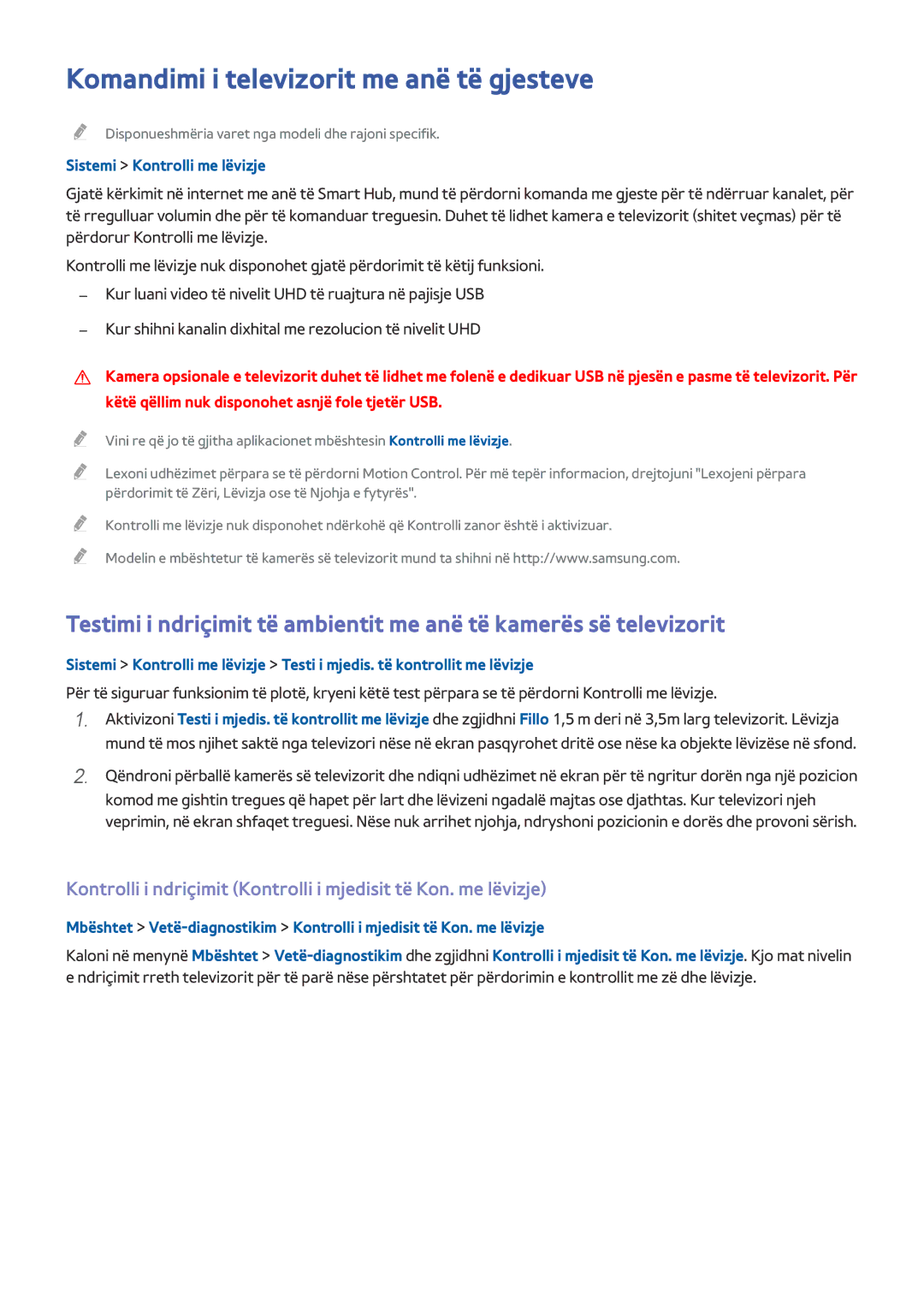 Samsung UE85HU7500TXXH, UE55HU7500TXXH manual Komandimi i televizorit me anë të gjesteve, Sistemi Kontrolli me lëvizje 