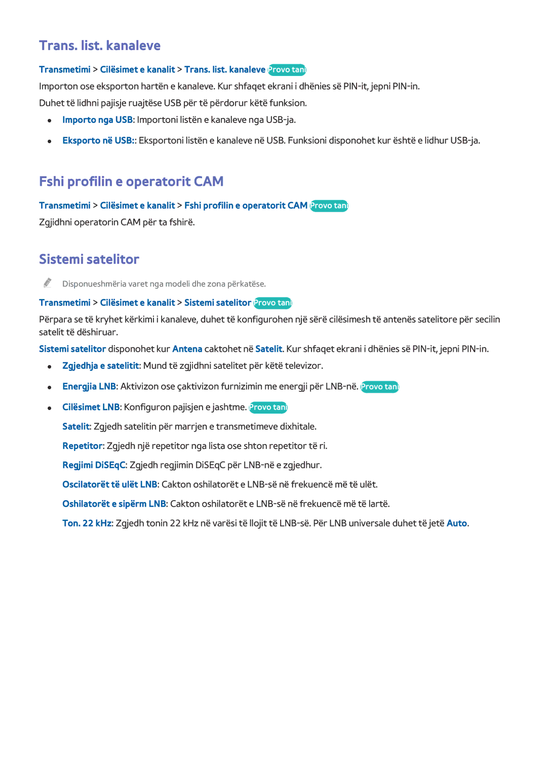 Samsung UE48HU7500TXXH, UE55HU7500TXXH manual Trans. list. kanaleve, Fshi profilin e operatorit CAM, Sistemi satelitor 
