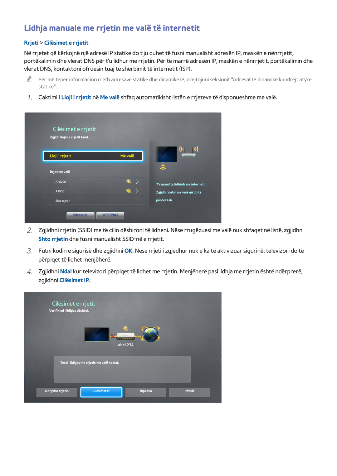 Samsung UE55HU8200TXXH, UE55HU7500TXXH Lidhja manuale me rrjetin me valë të internetit, Lloji i rrjetit Me valë 