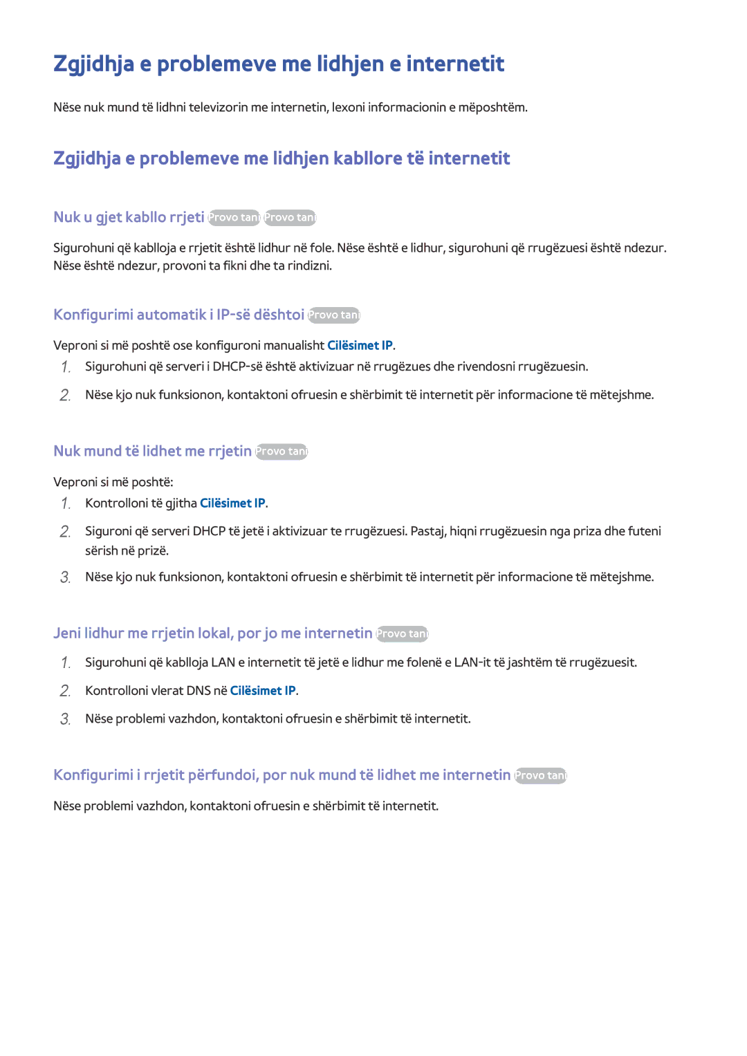 Samsung UE55HU8500TXXH manual Zgjidhja e problemeve me lidhjen e internetit, Nuk u gjet kabllo rrjeti Provo tani Provo tani 