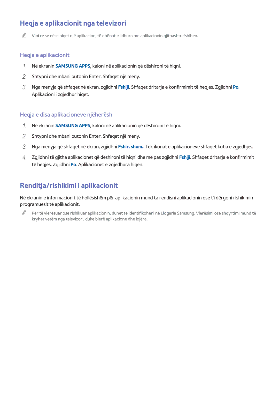Samsung UE55HU7200UXXH, UE55HU7500TXXH manual Heqja e aplikacionit nga televizori, Renditja/rishikimi i aplikacionit 