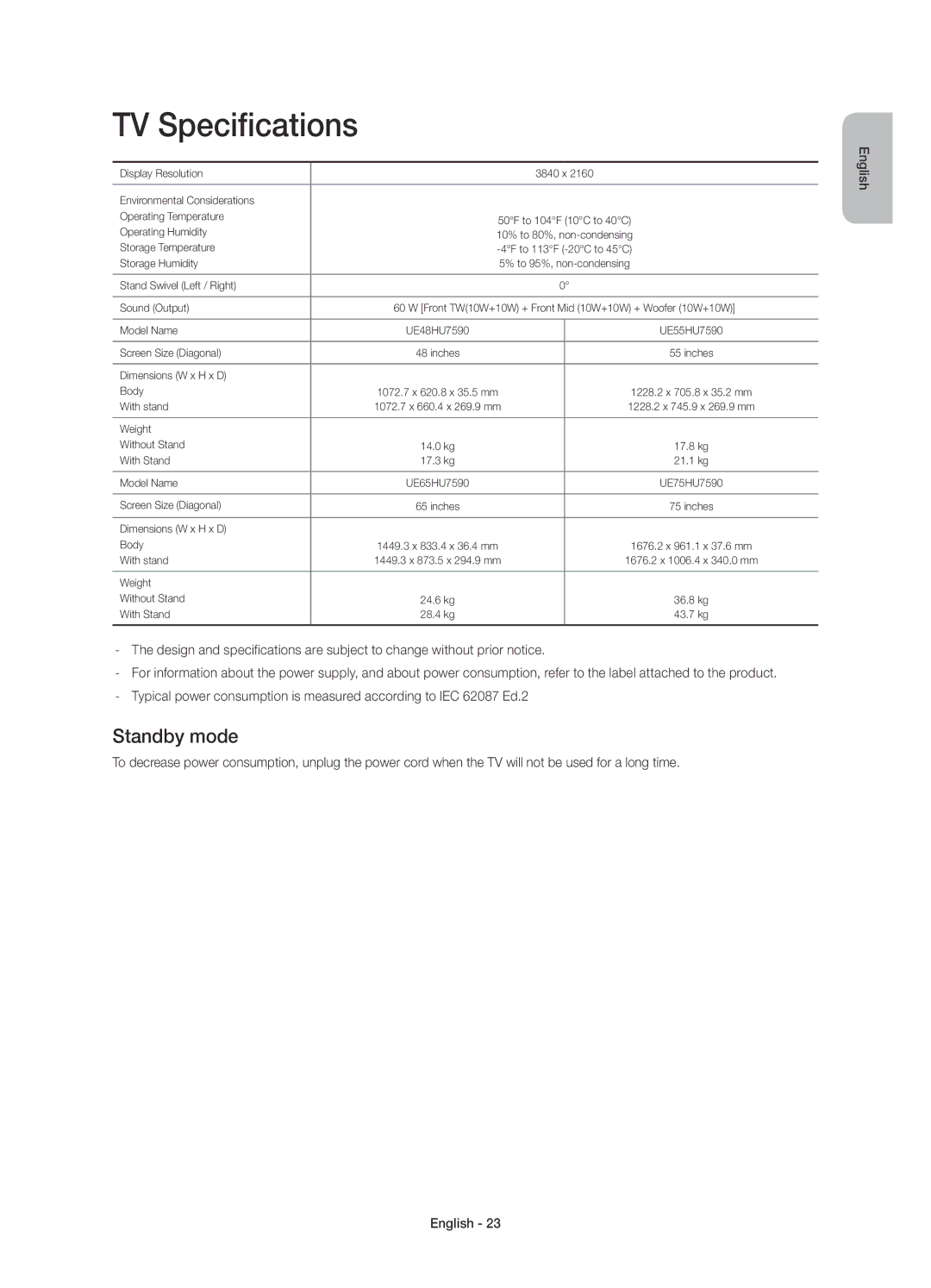 Samsung UE65HU7590LXZG, UE55HU7590LXZG, UE48HU7590LXZG, UE75HU7590LXZG manual TV Specifications, Standby mode 