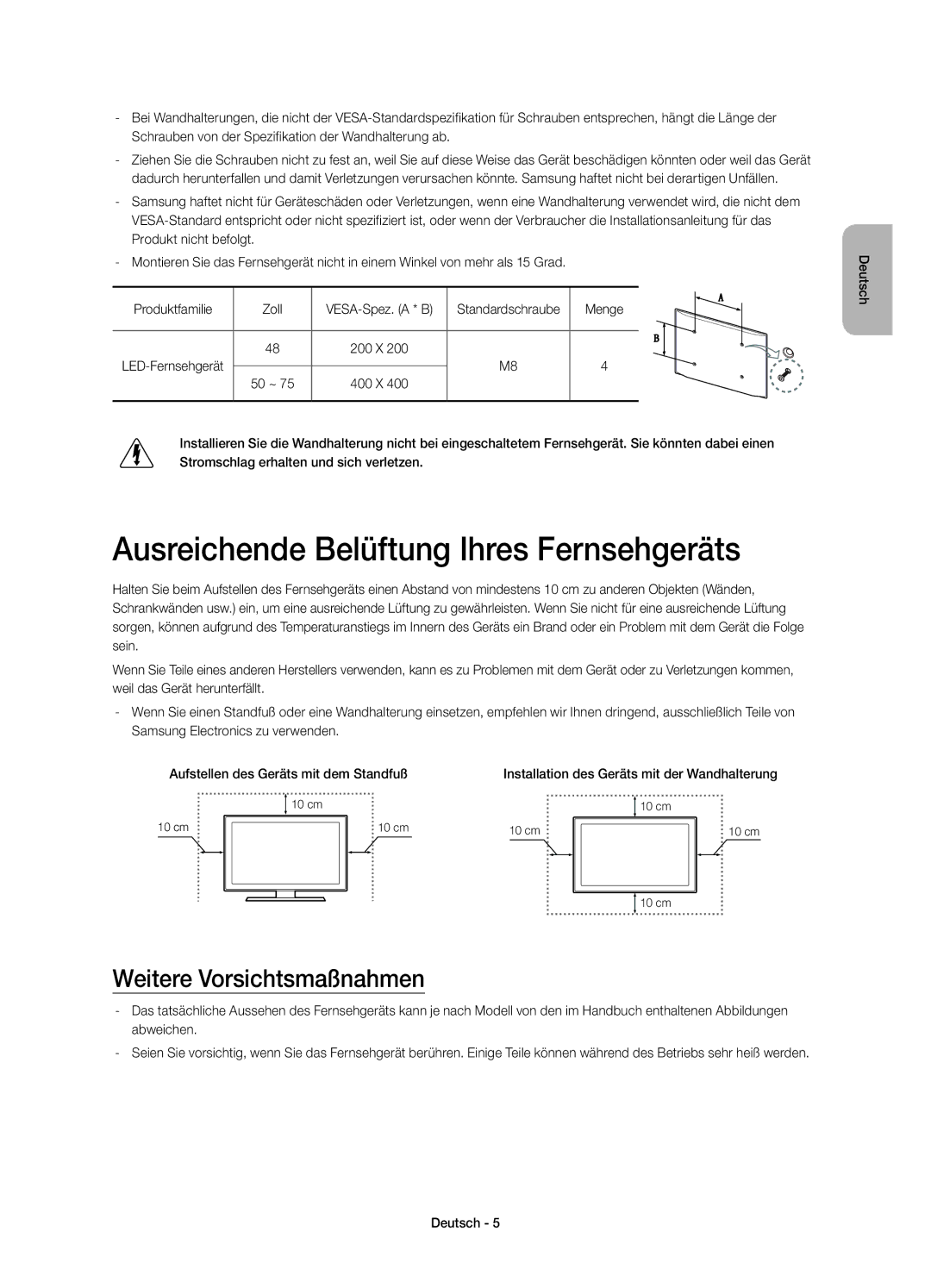 Samsung UE48HU7590LXZG, UE55HU7590LXZG manual Ausreichende Belüftung Ihres Fernsehgeräts, Weitere Vorsichtsmaßnahmen 