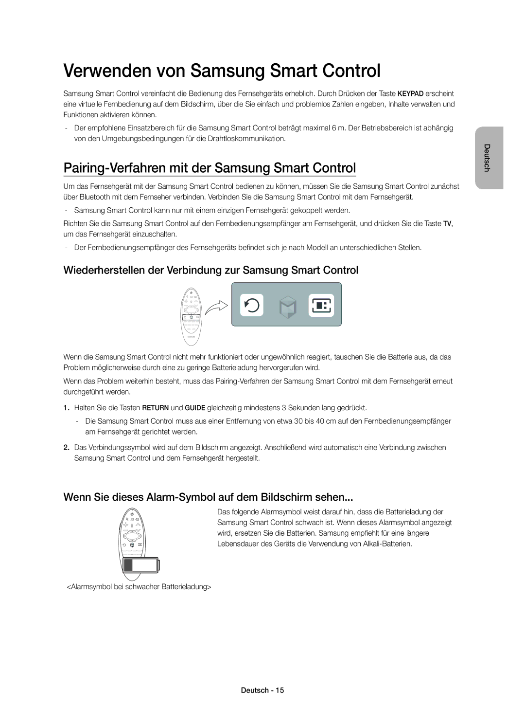 Samsung UE65HU7590LXZG manual Verwenden von Samsung Smart Control, Pairing-Verfahren mit der Samsung Smart Control 