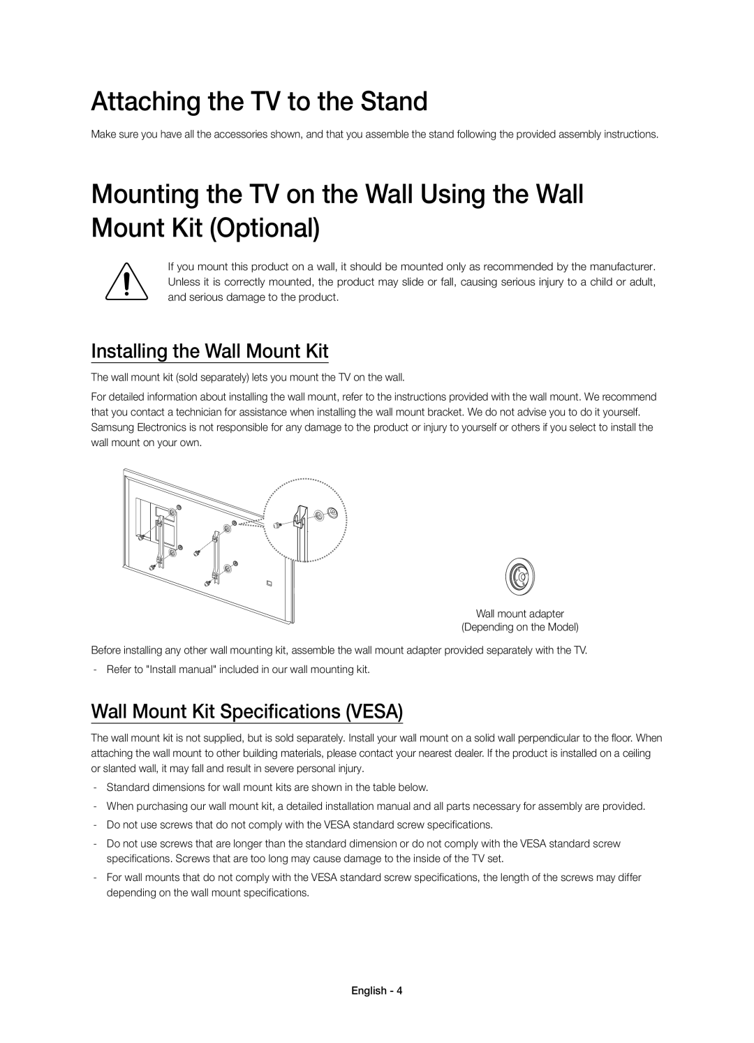 Samsung UE55HU7590LXZG Attaching the TV to the Stand, Installing the Wall Mount Kit, Wall Mount Kit Specifications Vesa 