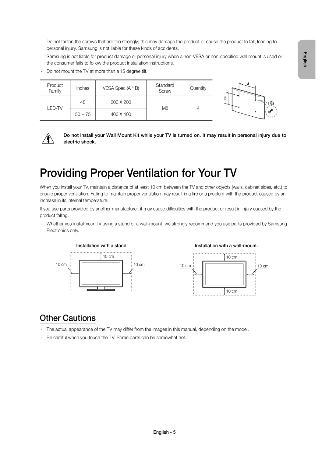 Samsung UE48HU7590LXZG, UE55HU7590LXZG, UE75HU7590LXZG manual Providing Proper Ventilation for Your TV, Other Cautions 