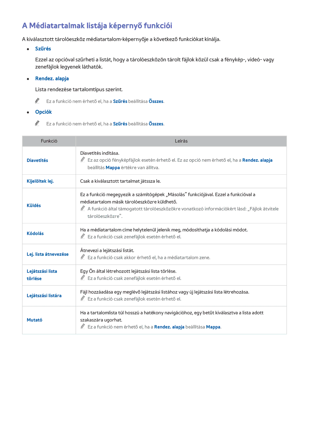 Samsung UE55HU6900SXXN, UE55HU7590LXZG manual Médiatartalmak listája képernyő funkciói, Szűrés, Rendez. alapja, Opciók 