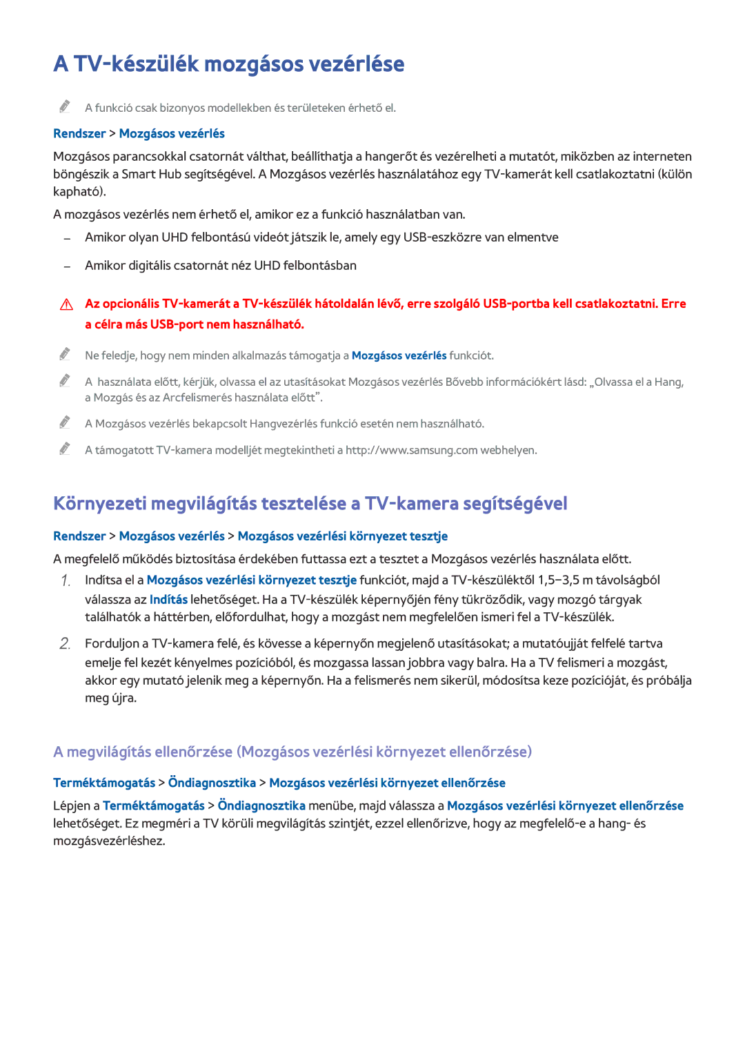 Samsung UE55HU7200UXXU manual TV-készülék mozgásos vezérlése, Környezeti megvilágítás tesztelése a TV-kamera segítségével 