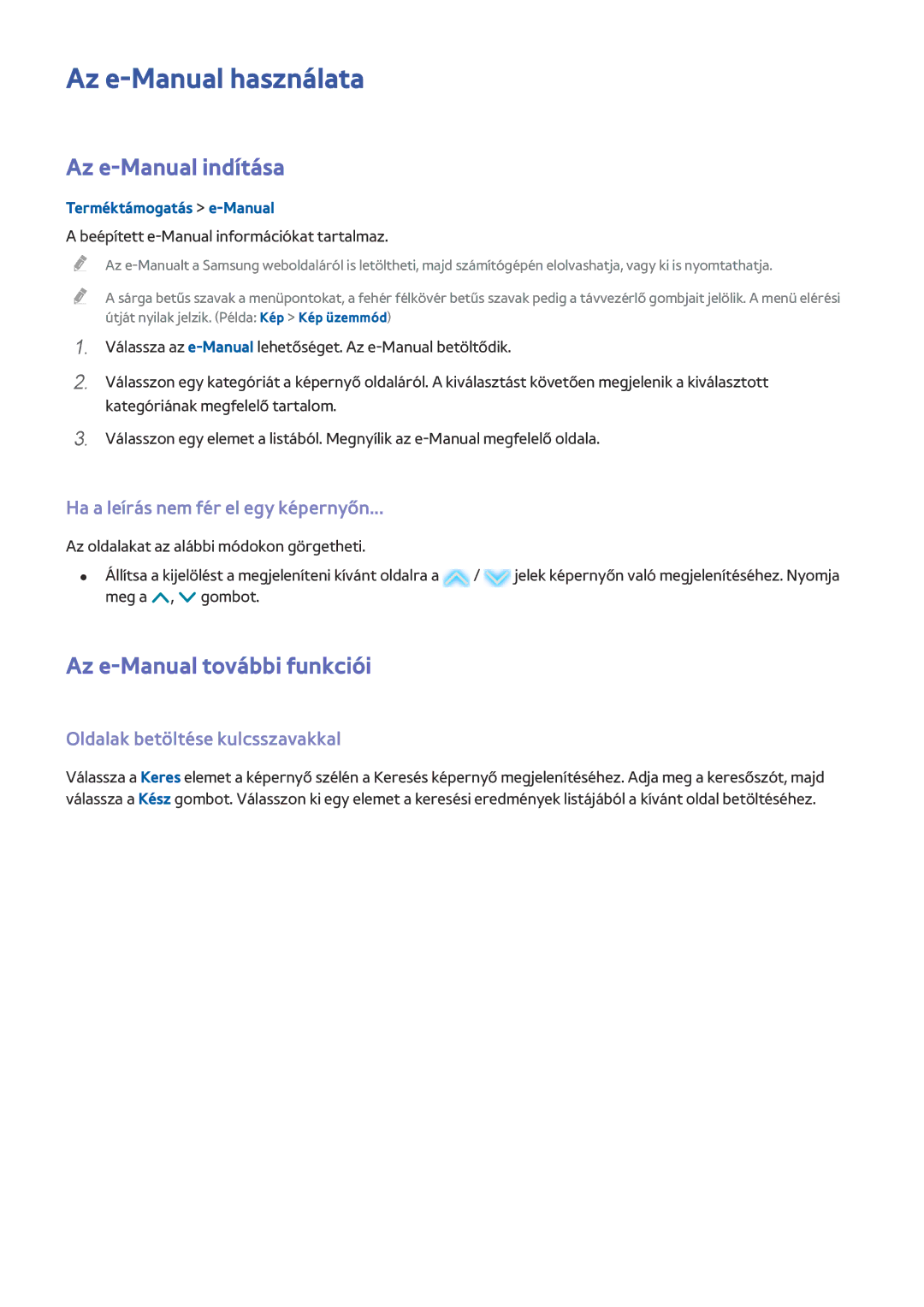 Samsung UE55HU6900SXXC, UE55HU7590LXZG manual Az e-Manual használata, Az e-Manual indítása, Az e-Manual további funkciói 