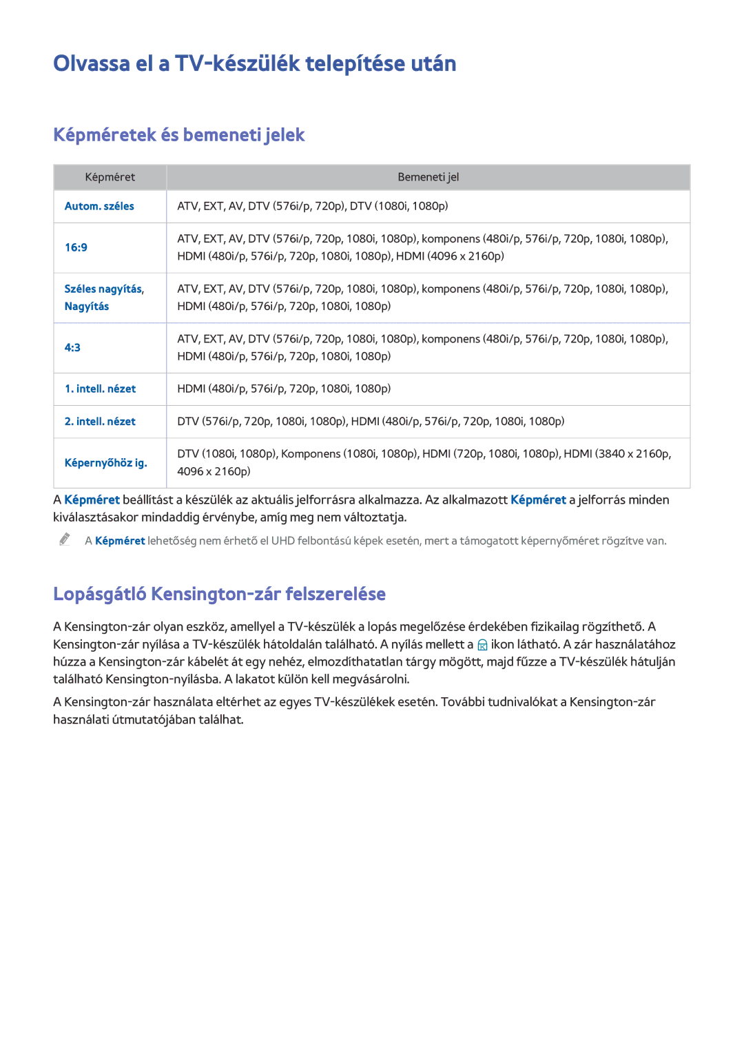 Samsung UE65HU8200LXXN, UE55HU7590LXZG manual Olvassa el a TV-készülék telepítése után, Képméretek és bemeneti jelek 