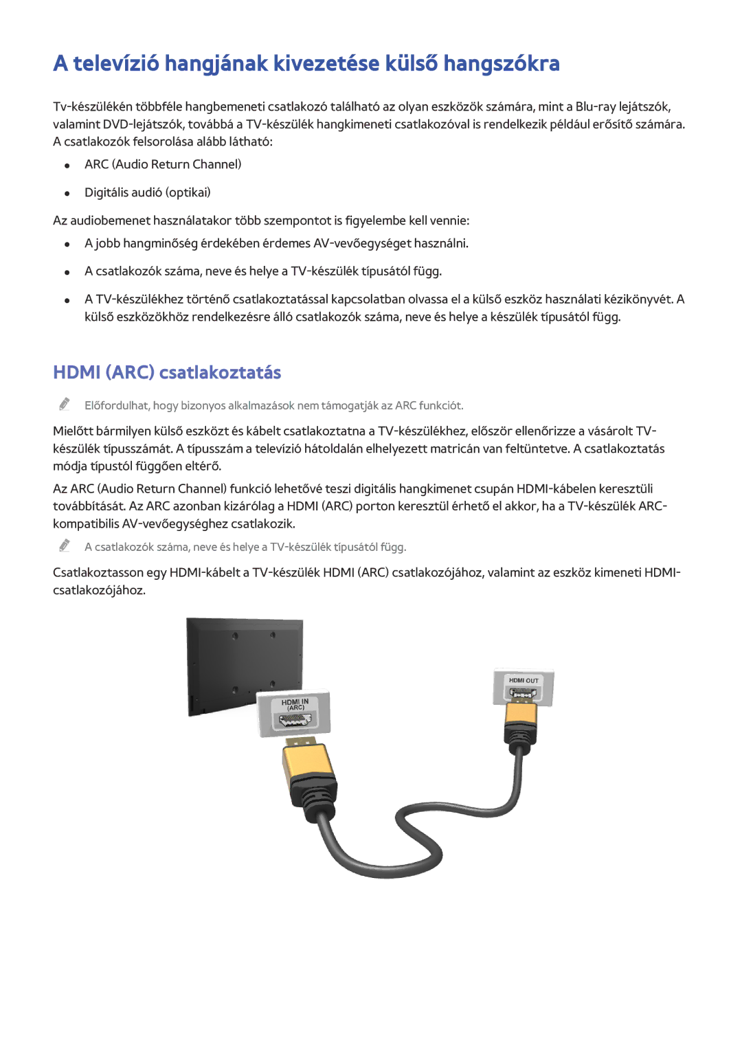 Samsung UE48HU7500LXZF, UE55HU7590LXZG manual Televízió hangjának kivezetése külső hangszókra, Hdmi ARC csatlakoztatás 