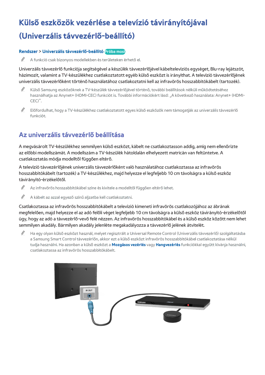 Samsung UE75HU7500LXXH manual Az univerzális távvezérlő beállítása, Rendszer Univerzális távvezérlő-beállító Próba most 