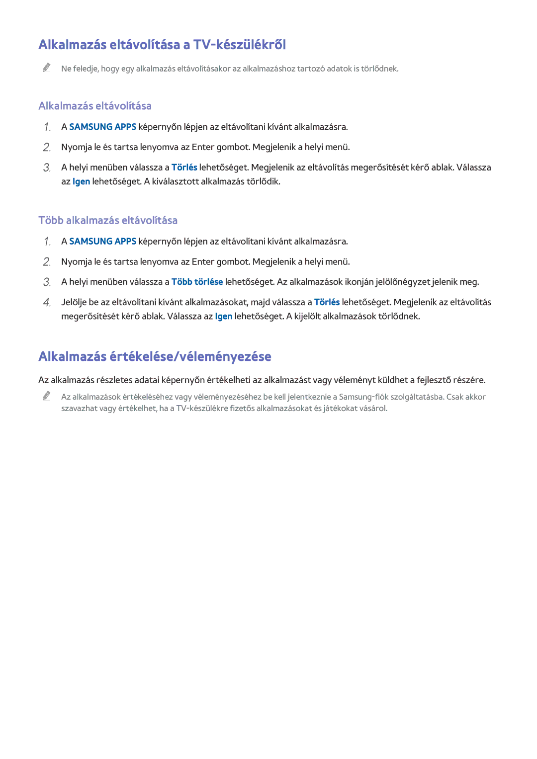 Samsung UE55HU7500TXXU, UE55HU7590LXZG manual Alkalmazás eltávolítása a TV-készülékről, Alkalmazás értékelése/véleményezése 