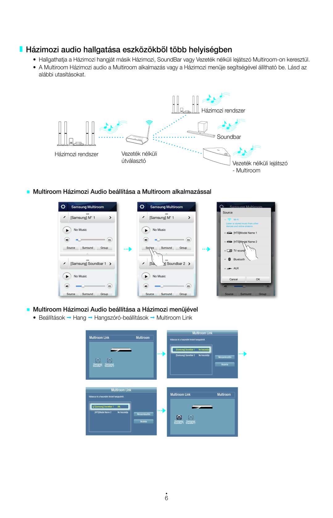 Samsung UE75H6470SSXZG, UE55HU7590LXZG, UE55HU7200SXZG, BD-H6500/EN Házimozi audio hallgatása eszközökből több helyiségben 