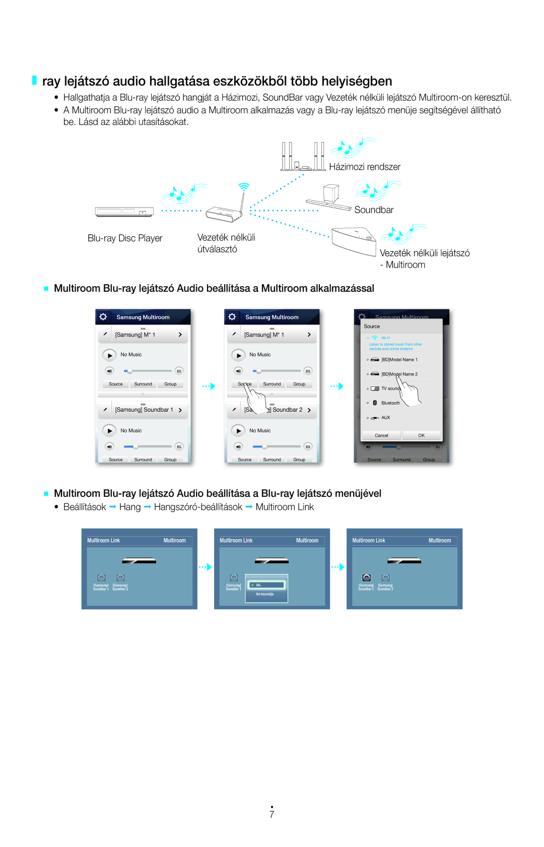 Samsung UE65H6470SSXZG, UE55HU7590LXZG, UE55HU7200SXZG manual Ray lejátszó audio hallgatása eszközökből több helyiségben 