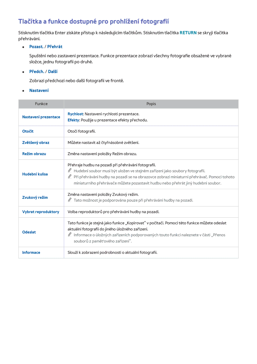 Samsung UE55HU6900UXXU manual Tlačítka a funkce dostupné pro prohlížení fotografií, Pozast. / Přehrát, Předch. / Další 