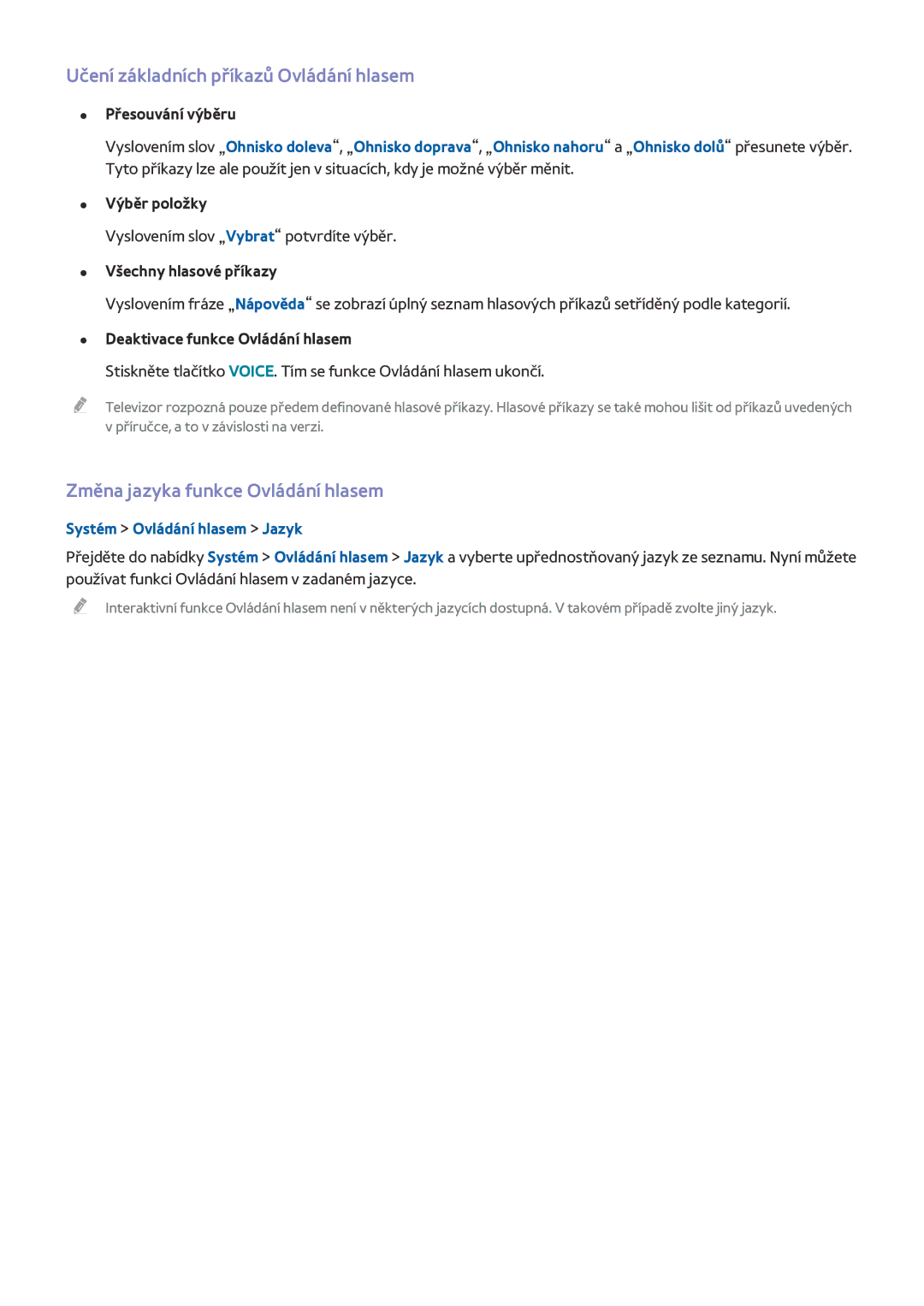 Samsung UE85HU7500LXXN, UE55HU7590LXZG manual Učení základních příkazů Ovládání hlasem, Změna jazyka funkce Ovládání hlasem 