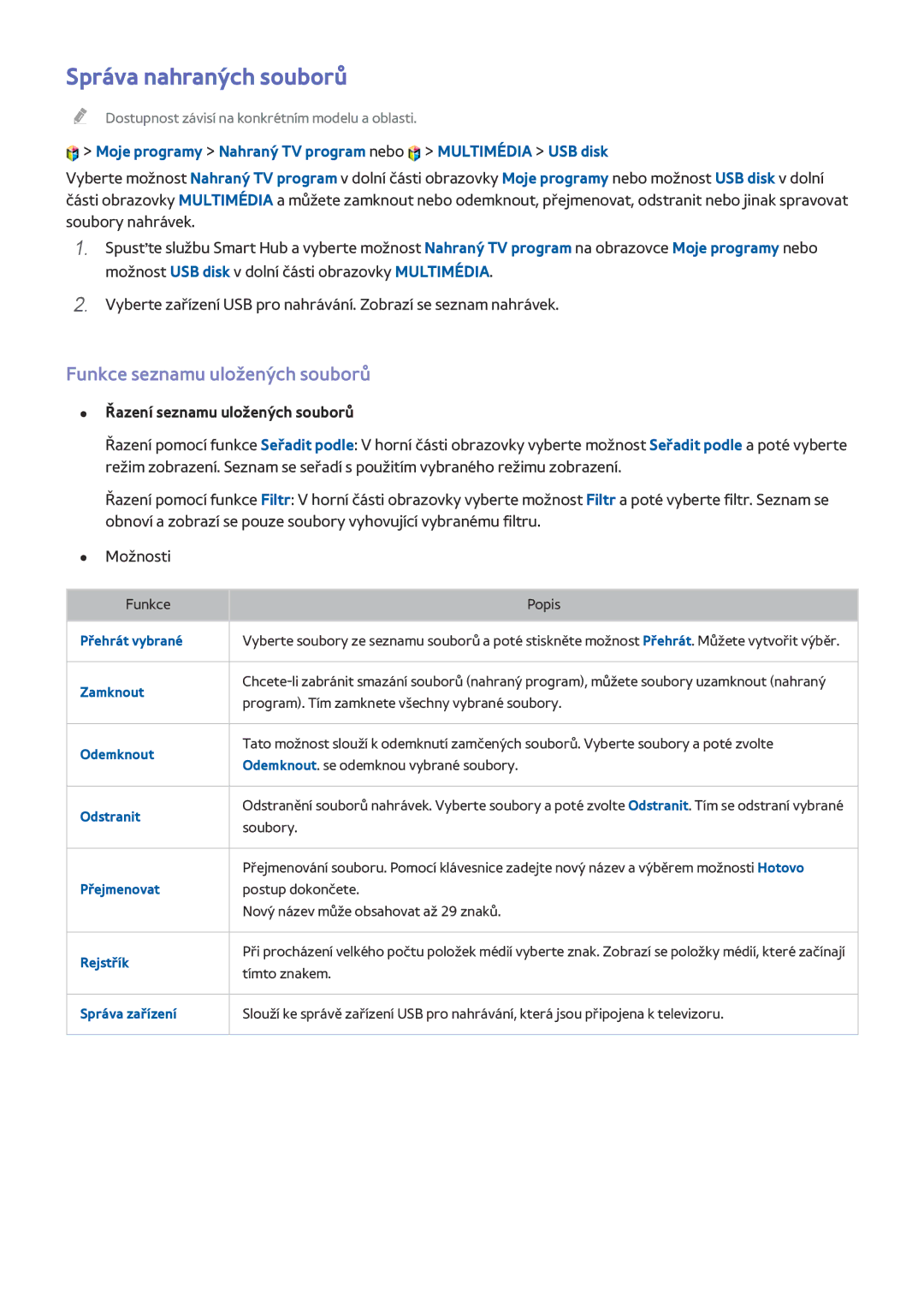 Samsung UE85HU7505TXXE manual Správa nahraných souborů, Funkce seznamu uložených souborů, Řazení seznamu uložených souborů 