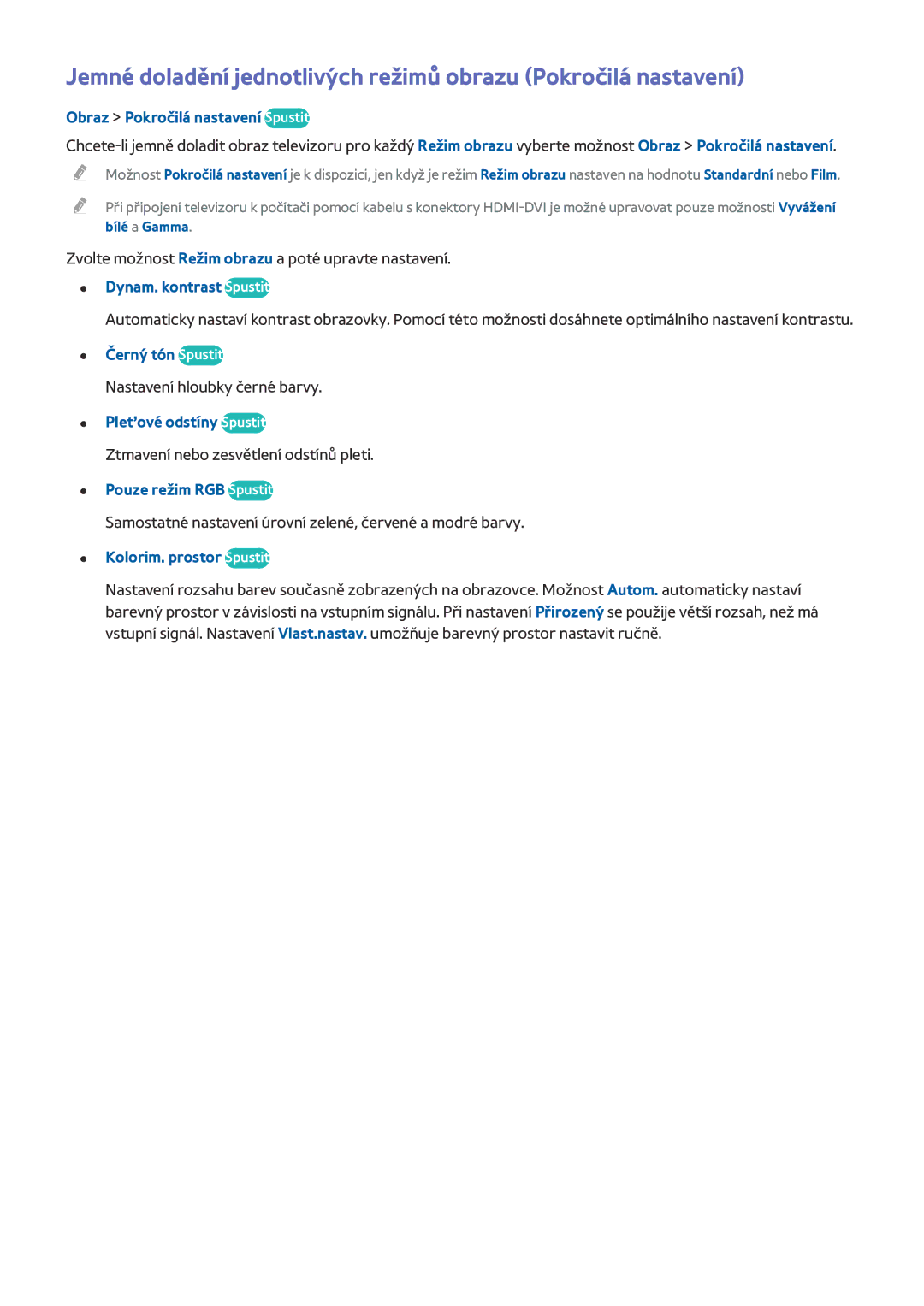 Samsung UE65HU7100SXZG, UE55HU7590LXZG manual Obraz Pokročilá nastavení Spustit, Dynam. kontrast Spustit, Černý tón Spustit 