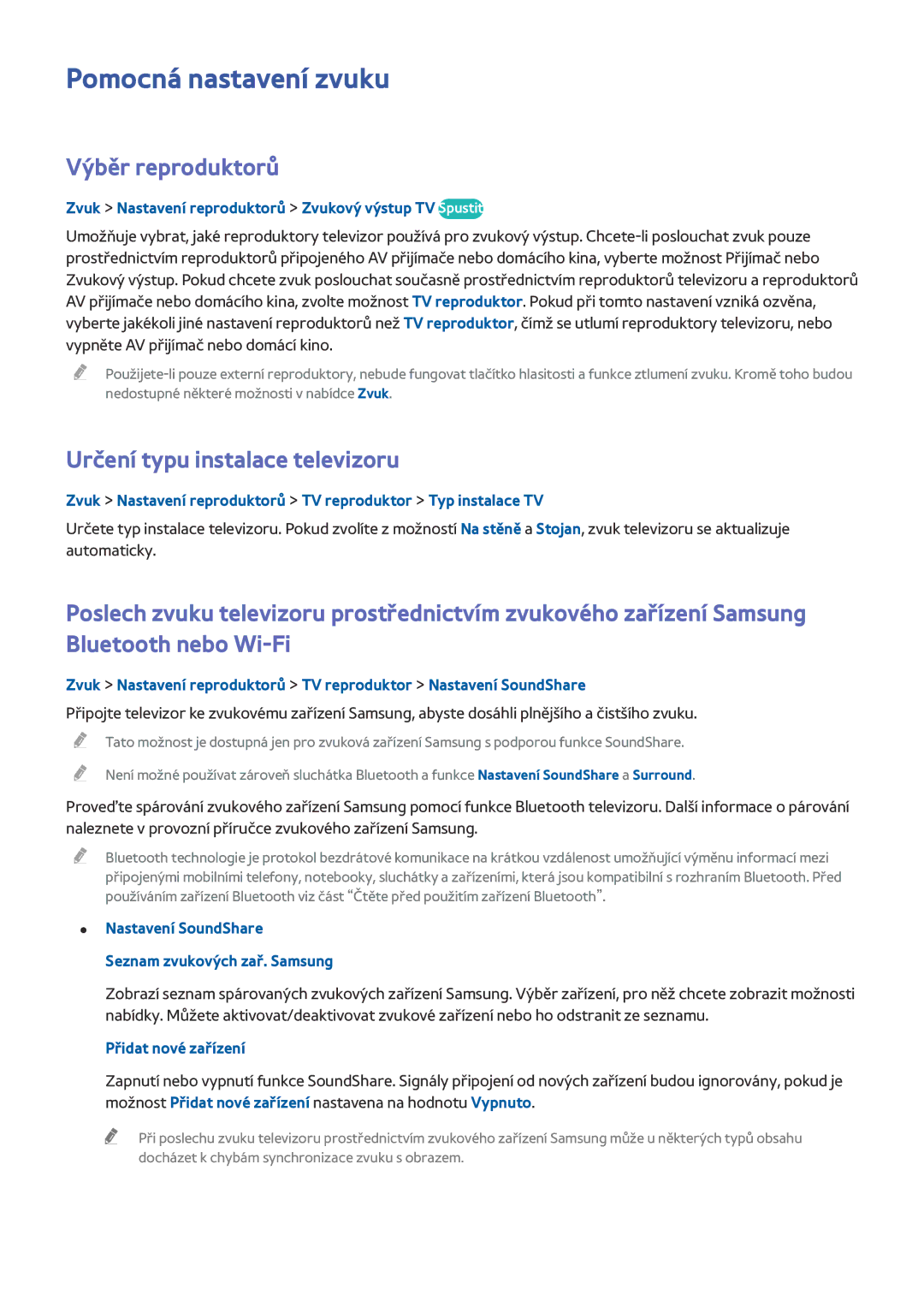 Samsung UE65HU8200LXZF, UE55HU7590LXZG manual Pomocná nastavení zvuku, Výběr reproduktorů, Určení typu instalace televizoru 