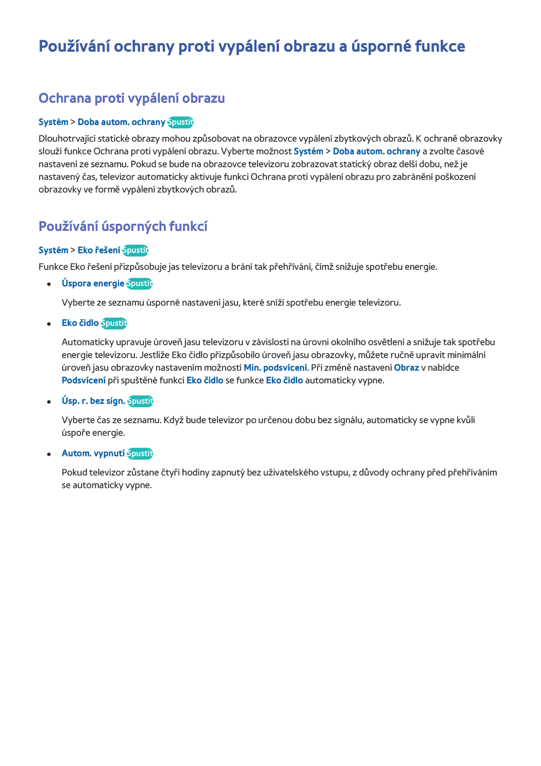 Samsung UE65HU7200SXZF manual Používání ochrany proti vypálení obrazu a úsporné funkce, Ochrana proti vypálení obrazu 