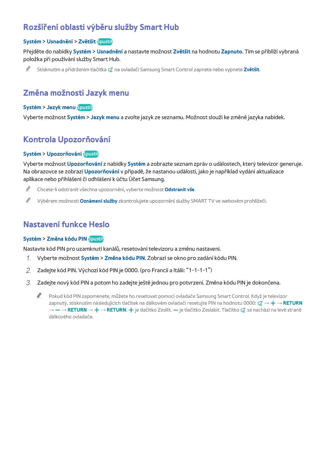 Samsung UE50HU6900DXZT manual Rozšíření oblasti výběru služby Smart Hub, Změna možnosti Jazyk menu, Kontrola Upozorňování 