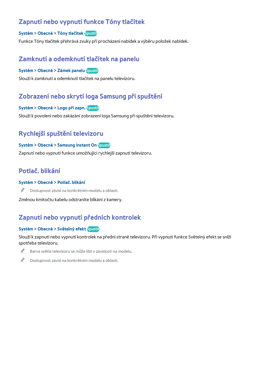 Samsung UE65HU7500ZXZT Zapnutí nebo vypnutí funkce Tóny tlačítek, Zamknutí a odemknutí tlačítek na panelu, Potlač. blikání 