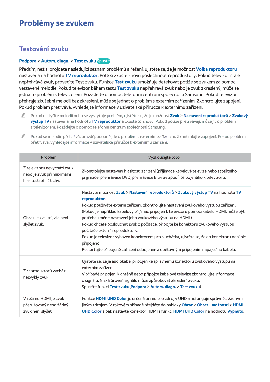 Samsung UE55HU8500TXXH manual Problémy se zvukem, Testování zvuku, Podpora Autom. diagn. Test zvuku Spustit, Reproduktor 