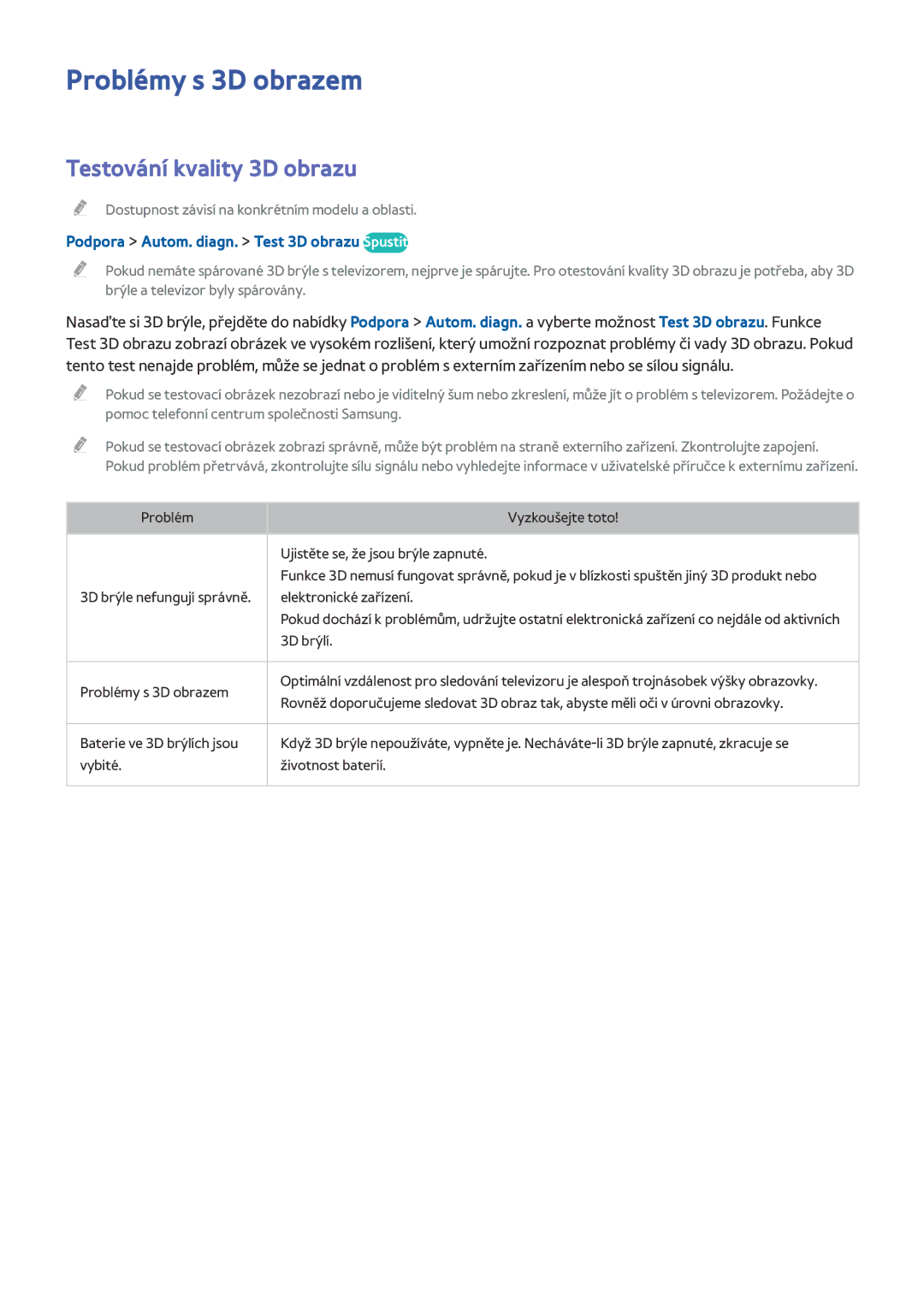 Samsung UE75HU7500LXXC Problémy s 3D obrazem, Testování kvality 3D obrazu, Podpora Autom. diagn. Test 3D obrazu Spustit 