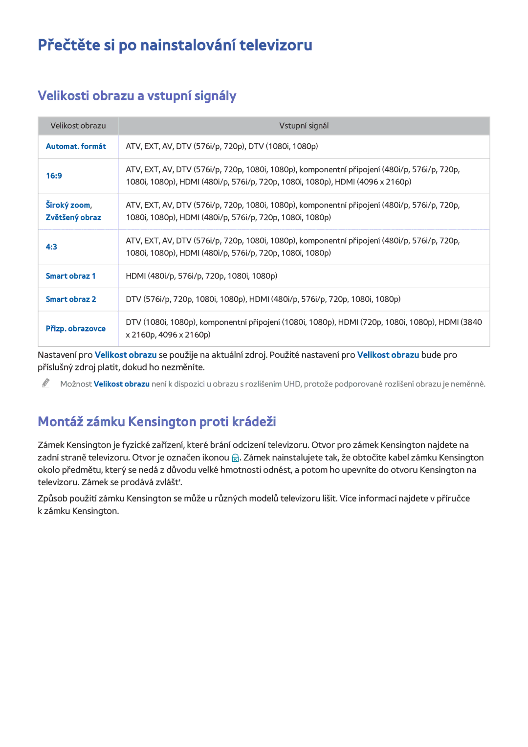 Samsung UE48HU7500LXXN, UE55HU7590LXZG manual Přečtěte si po nainstalování televizoru, Velikosti obrazu a vstupní signály 