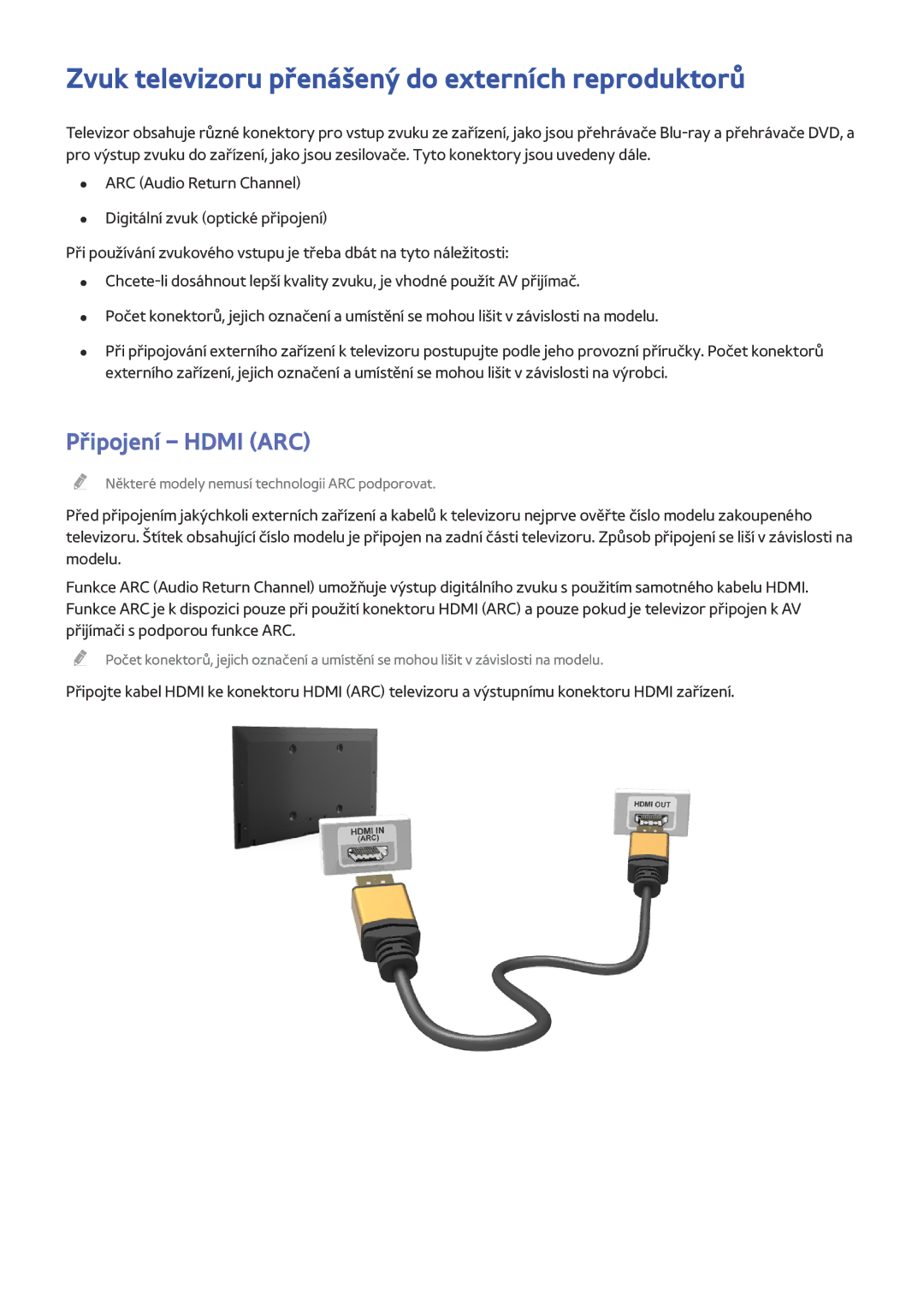 Samsung UE65HU7500LXXH, UE55HU7590LXZG manual Zvuk televizoru přenášený do externích reproduktorů, Připojení Hdmi ARC 