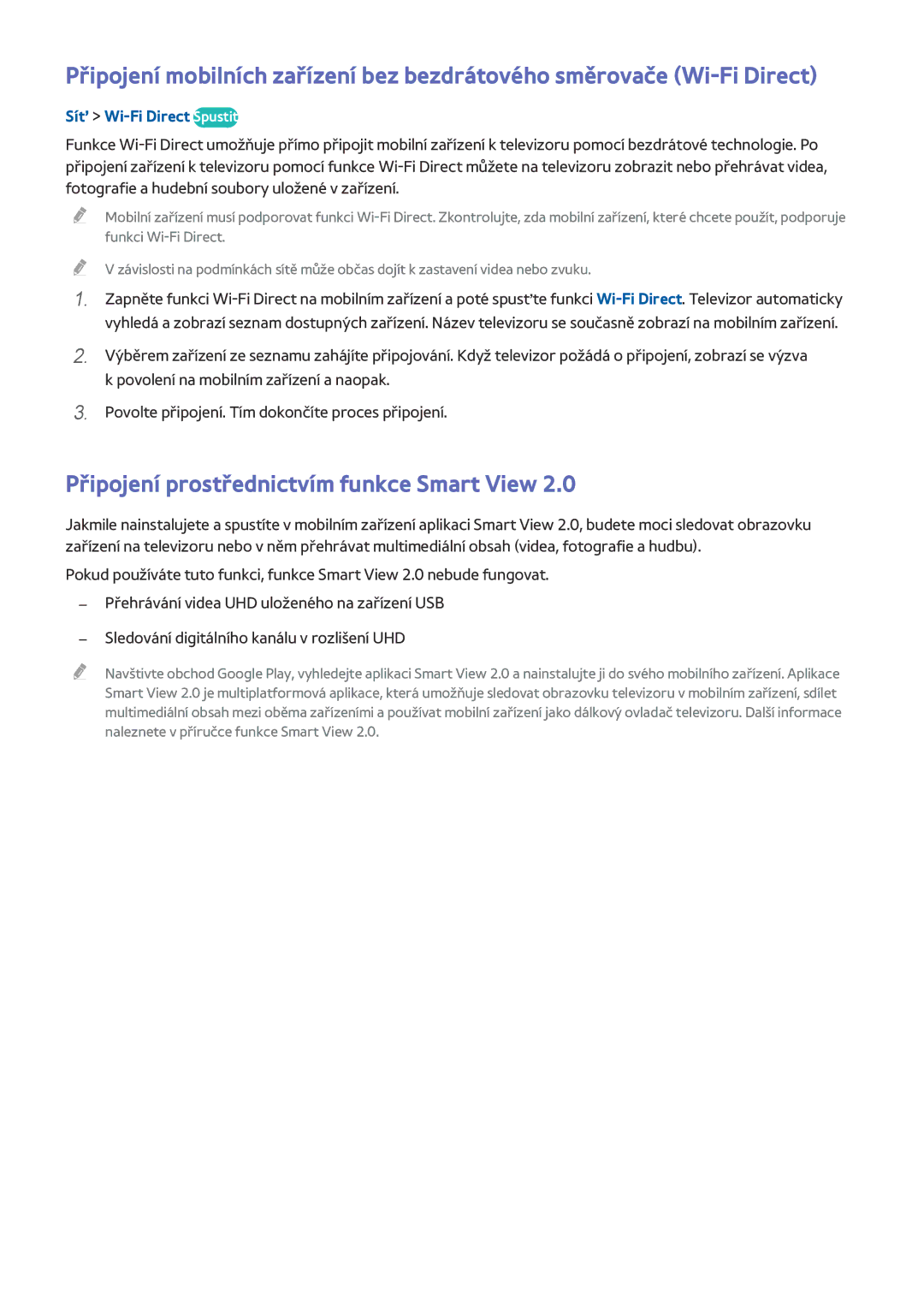 Samsung UE55HU6900SXZF, UE55HU7590LXZG manual Připojení prostřednictvím funkce Smart View, Síť Wi-Fi Direct Spustit 