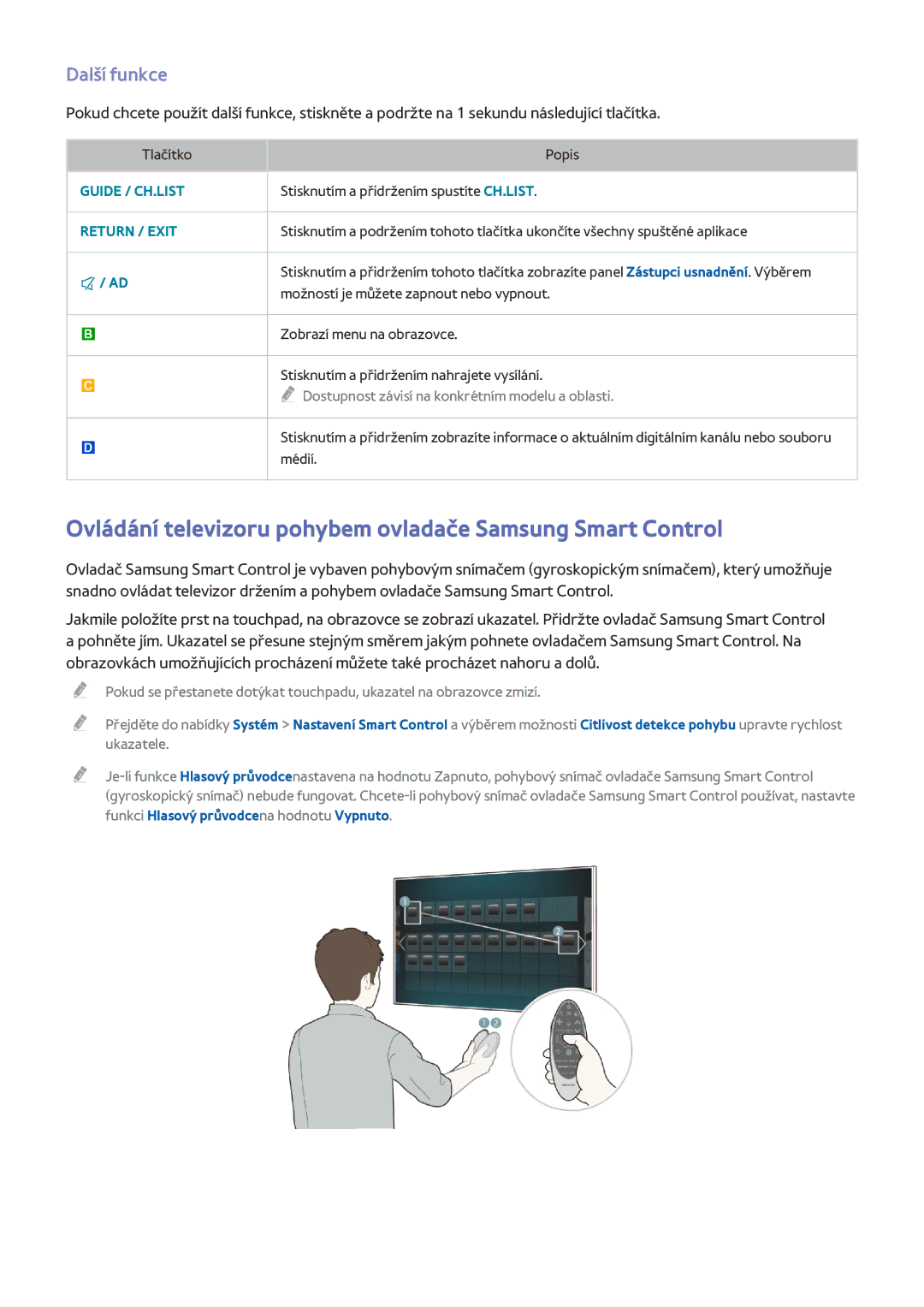 Samsung UE55HU8200ZXZT, UE55HU7590LXZG manual Ovládání televizoru pohybem ovladače Samsung Smart Control, Další funkce 