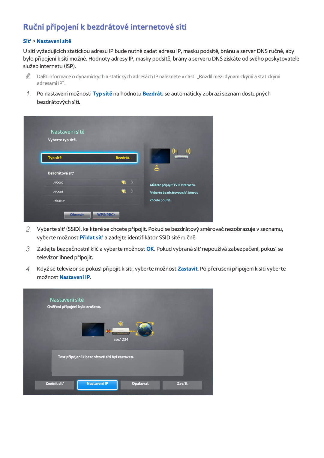 Samsung UE65HU7100SXXC, UE55HU7590LXZG manual Ruční připojení k bezdrátové internetové síti, Typ sítěBezdrát. Bezdrátová síť 