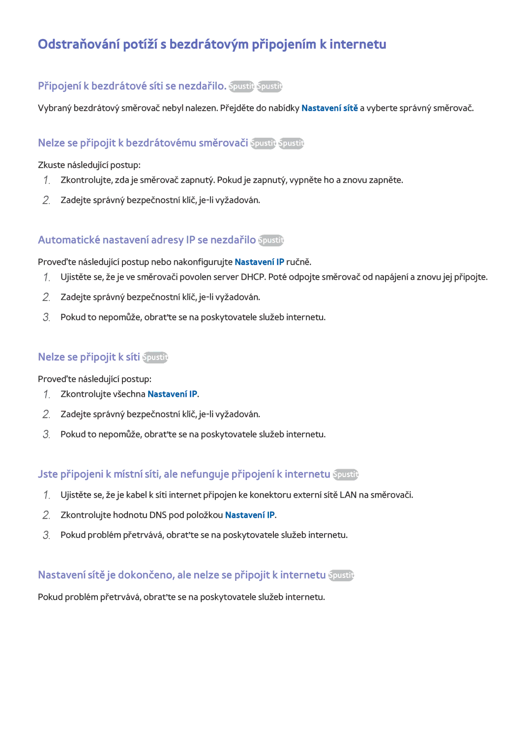 Samsung UE48HU7500LXXC, UE55HU7590LXZG, UE55HU7200SXZG manual Odstraňování potíží s bezdrátovým připojením k internetu 